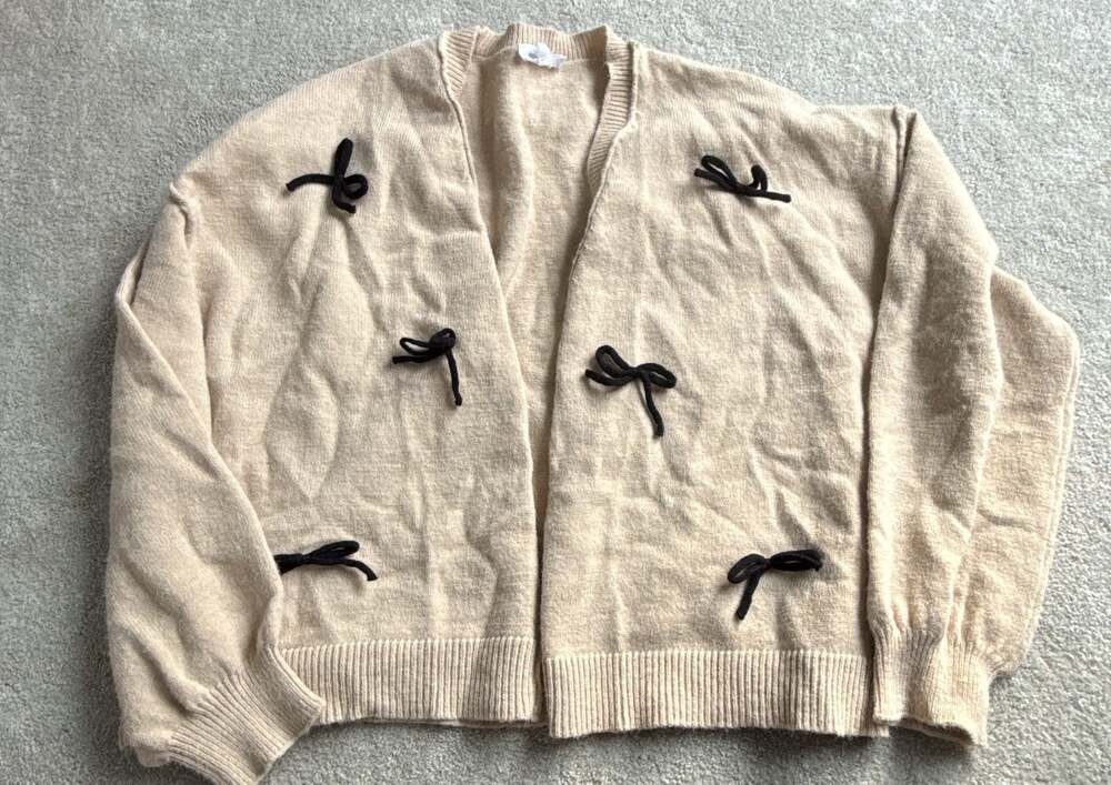 AnnieWear Los Angeles Cream Bow Applique Cardigan Sweater